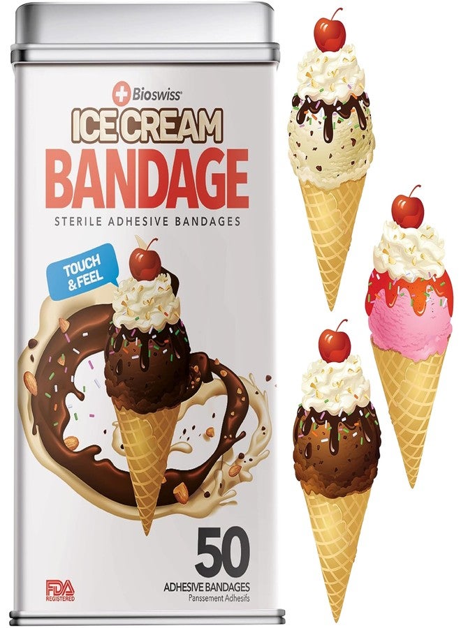 BioSwiss Bandages, Ice Cream Shaped Self Adhesive Bandage Set, Latex Free, Sterile Wound Care, 50 Count - Image 1